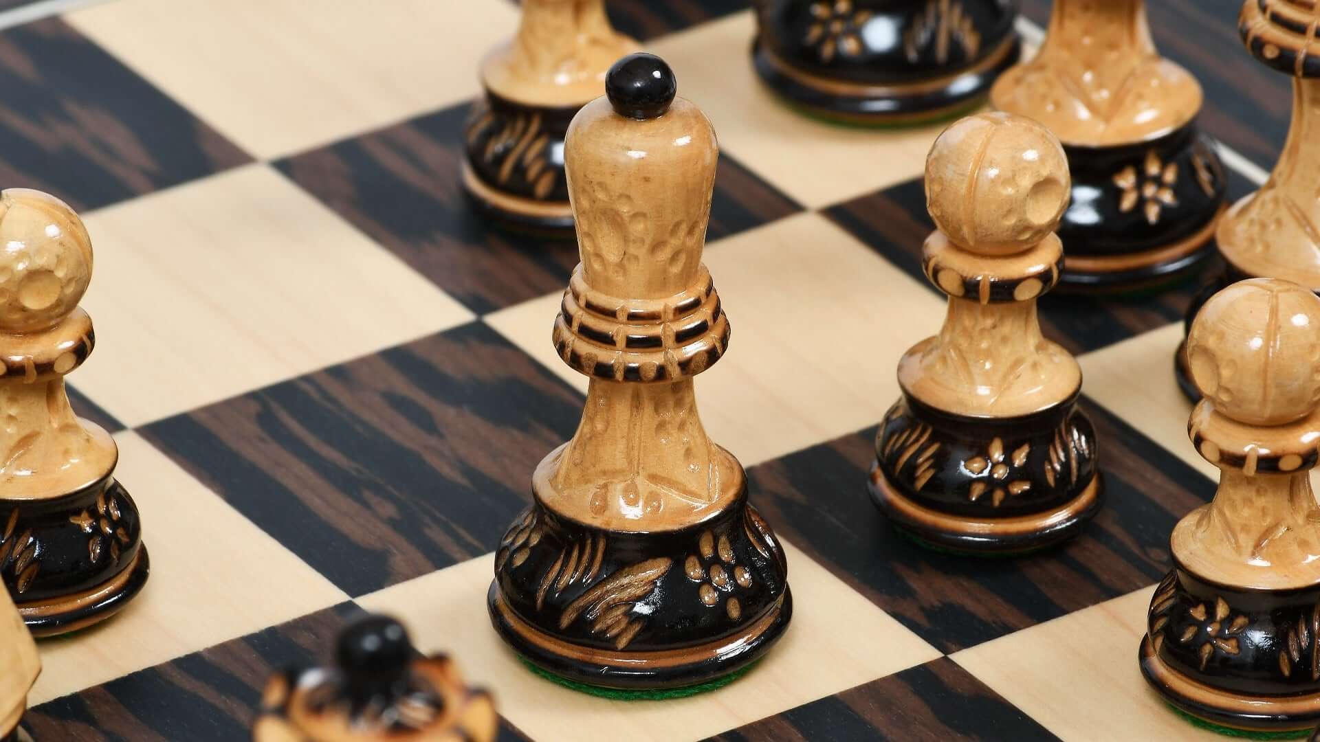 'Ornate' Chess Pieces <br>Crafted in Burnt Boxwood